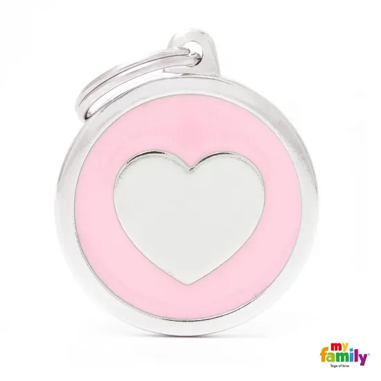 Снимка на My Family Dog Tag Heart Circle - Ръчно изработен медальон , със сърце - адресник за кучета 3.93 см. /3.17 см. розов
