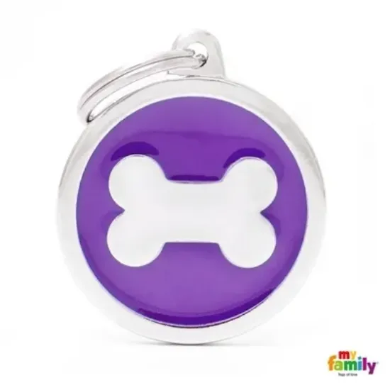 Снимка на My Family Dog Tag Bone Circle - Ръчно изработен медальон , с кокал - адресник за кучета 3.93 см. /3.17 см. лилав