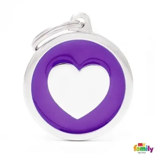 Снимка на My Family Dog Tag Heart Circle - Ръчно изработен медальон , със сърце - адресник за кучета 3.93 см. /3.17 см. лилав