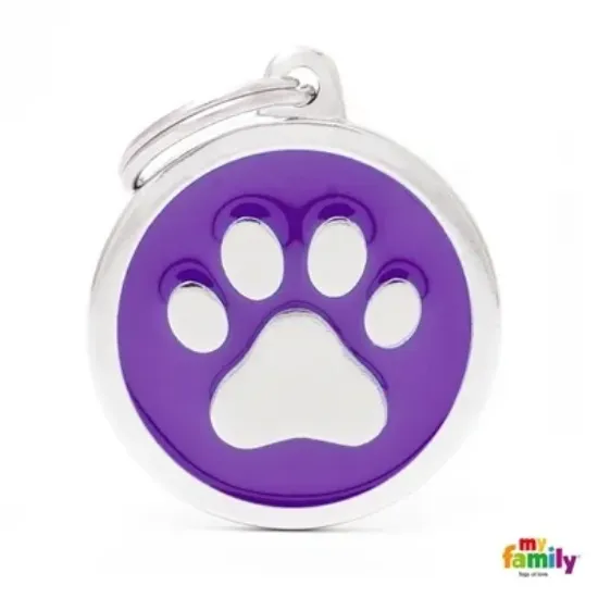 Снимка на My Family Dog Tag Paw Circle - Ръчно изработен медальон , с лапичка - адресник за кучета 3.93 см. /3.17 см. лилав
