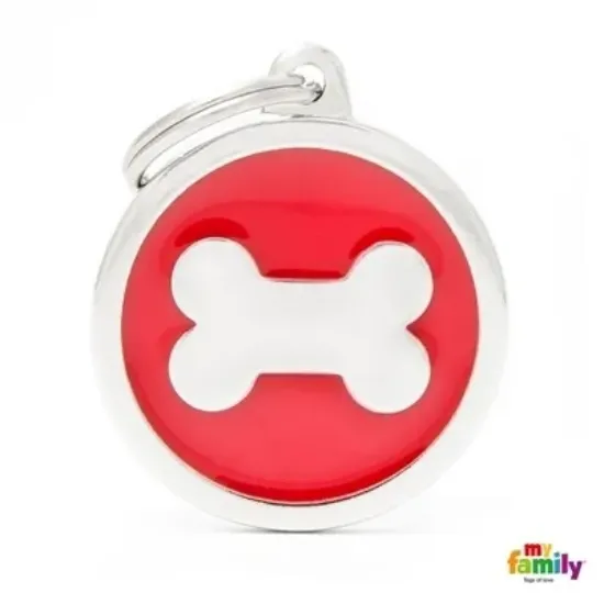 Снимка на My Family Dog Tag Bone Circle - Ръчно изработен медальон , с кокал - адресник за кучета 3.93 см. /3.17 см. червен