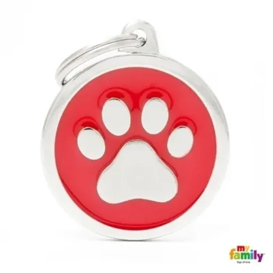 Снимка на My Family Dog Tag Paw Circle - Ръчно изработен медальон , с лапичка - адресник за кучета 3.93 см. /3.17 см. червен