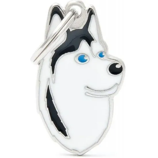 Снимка на My Family Dog Tag - Ръчно изработен адресник , Siberian Husky Dog за кучета 2.2 см/ 3.7 см. черно-бяло