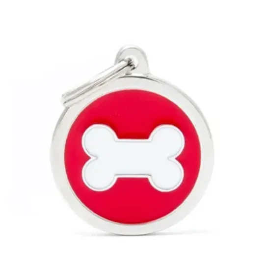 Снимка на My Family Dog Tag - Ръчно изработен кръга адресник с кокал , за кучета 3.93 см/ 3.17 см. червен