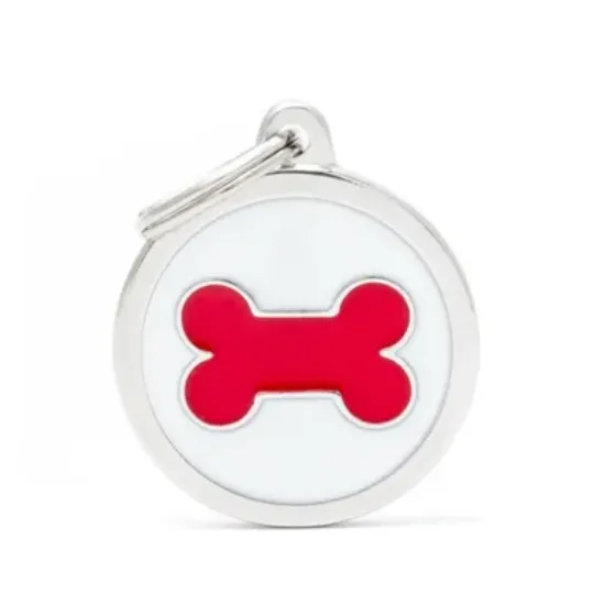 Снимка на My Family Dog Tag - Ръчно изработен кръга адресник с кокал , за кучета 3.93 см/ 3.17 см. червено бял