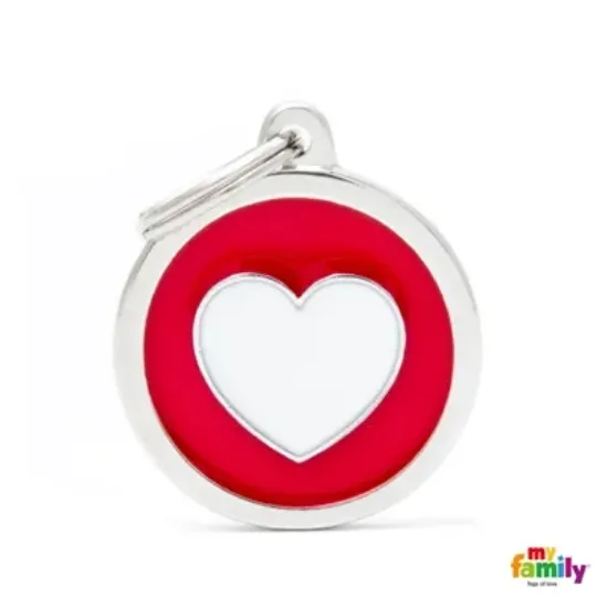 Снимка на My Family Dog Tag - Ръчно изработен кръга адресник със сърце , за кучета 3.93 см/ 3.17 см. червен