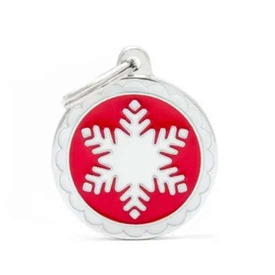 Снимка на My Family Dog Tag - Ръчно изработен кръга адресник със снежинка , за кучета 3.93 см/ 3.17 см. червен