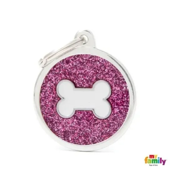 Снимка на My Family Dog Tag - Ръчно изработен кръга адресник с кокал , за кучета 3.93 см/ 3.17 см. розов