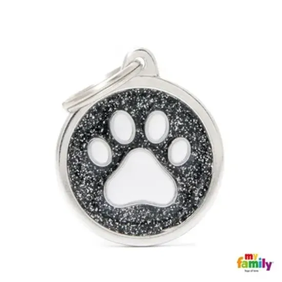 Снимка на My Family Dog Tag - Ръчно изработен кръга адресник с лапа, за кучета 3.93 см/ 3.17 см. черен