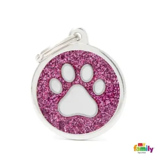 Снимка на My Family Dog Tag - Ръчно изработен кръга адресник с лапа , за кучета 3.93 см/ 3.17 см. розов