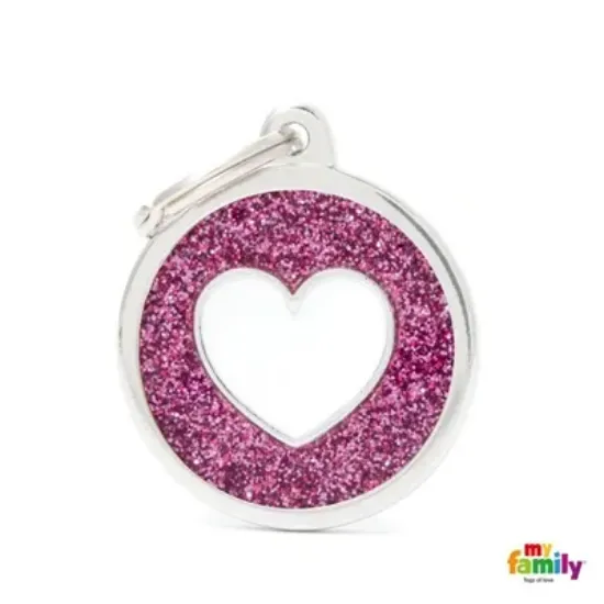 Снимка на My Family Dog Tag - Ръчно изработен кръга адресник със сърце , за кучета 3.93 см/ 3.17 см. розов