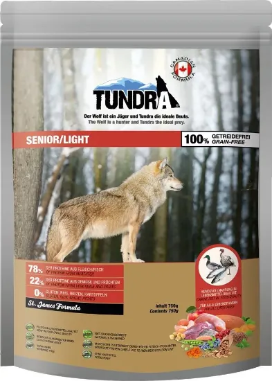 Снимка на Tundra Senior Grain Free - Премиум пълноценна суха храна за кучета в напреднала възраст, без зърно, с пуешко , пилешко, патешко и сьомга 750 гр.