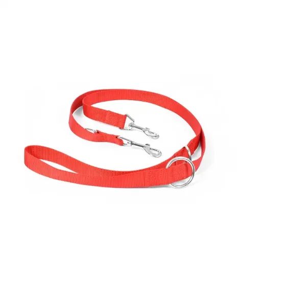 Снимка на Duvo Plus Lead Nylon Adjustable - Регулируем повод (от 120 см. до 200 см.) с 2 карабинера за две кучета или прикрепяне към колан 200 см./25 мм. червен