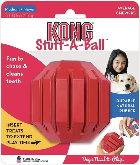 Снимка на Kong Stuff a Ball Medium Dog Dental Chew Toy - Дентална гумена играчка за кучета от средни породи с пространство за лакомства 8 см.