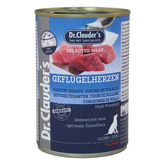 Снимка на Dr.Clauder's Selected Meat Geflügelherzen /Pre Biotics/ - Консервирана храна за кучета с пилешки сърца, 2 броя х 400 гр.