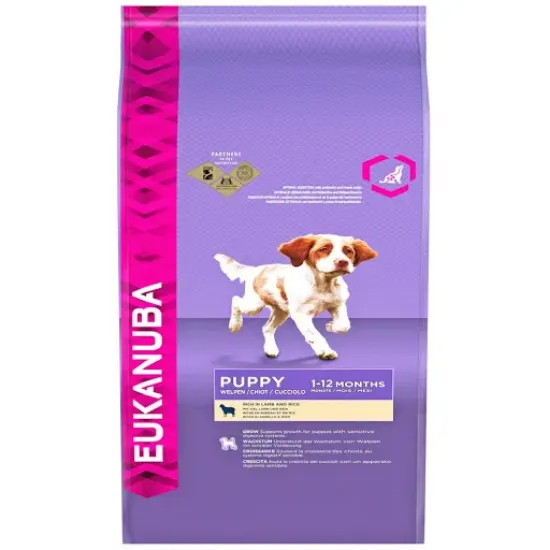 Снимка на Eukanuba Puppy Lamb and Rice - Пълноценна суха храна за подрастващи кучета от средни породи с агнешко меси и ориз, 12 кг.