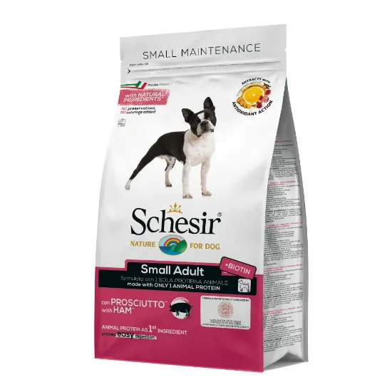 Снимка на Schesir Small Dog Maintenance - Пълноценна суха храна за израснали кучета от дребни породи със свинско и прошуто, 800 гр.