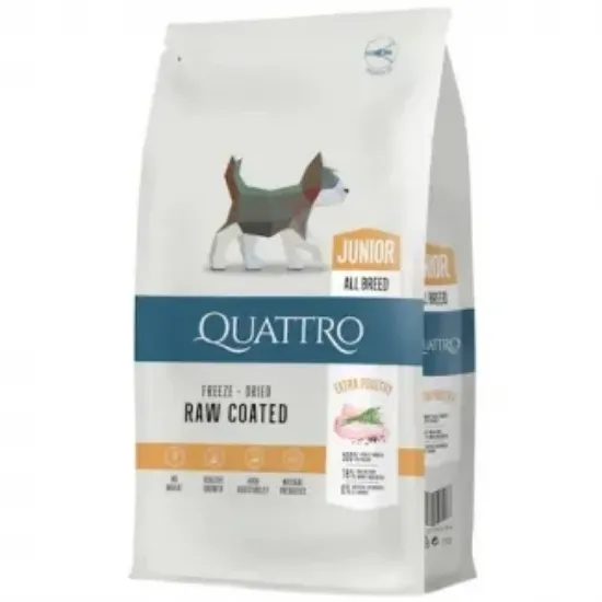 Снимка на Quattro Junior All Breed - Пълноценна суха храна за подрастващи кучета от 2 до 12 месеца с пилешко месо, 7 кг.