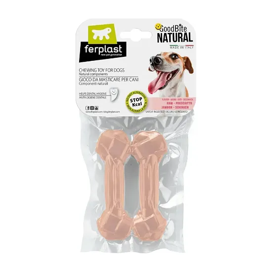 Снимка на Ferplast GoodBite Natural Medium - Лакомство за кучета - кокал за дъвчене от царевично нишесте с вкус на шунка , 13,5 x 4,4 x h 2,1 -2 х 70 гр.