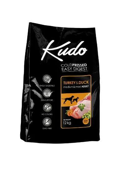 Снимка на Kudo Low Grain Turkey/Duck Medium&Maxi Adult - Пълноценна суха храна за кучета от средни и едри породи над 1 год,без зърно, с пуешко.патешко и пилешко месо, 12 кг.