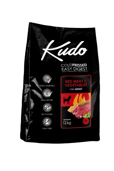 Снимка на Kudo Low Grain Red Meat Mini Adult - Пълноценна суха храна за израснали кучета от мини породи с говеждо и свинско месо,12 кг.