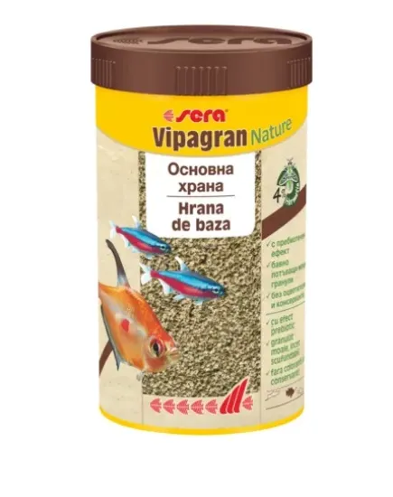 Снимка на Sera Vipagran Nature - Храна за рибки, подходяща е за рибки от средните водни слоеве като тетри, дребни видове цихлиди, барбуси и др.1000 мл.