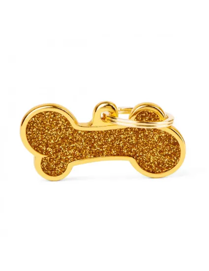 Снимка на My Family Id Tag XL Bone Gold Gitter - Елегантен адресник за кучета във форма на кокал , златист