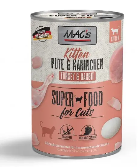 Снимка на Mac's Kitten Chicken and Beef - Премиум консервирана храна за подрастващи котки, без зърно, с пуешко и заешко месо, 400 гр./3 броя