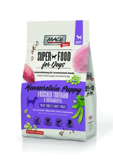 Снимка на Mac's Monoprotein Puppy суха храна с пуешко, ленено семе и ананас и сладък картоф за капризни и податливи на алергии подрастващи кучета 12 кг