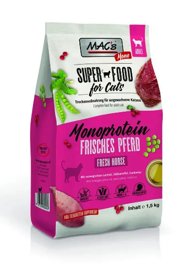 Снимка на Mac's Monoprotein Hourse - Премиум суха храна за израснали капризни и чувствителни котки, без зърно, с конско месо, червени боровинки и сладък картоф 300 гр.