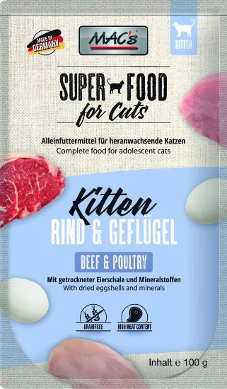 Снимка на Mac's Super Food For Cats - Премиум пауч за подрастващи котки,без зърно, с пилешко и говеждо месо, 100 гр./4 броя