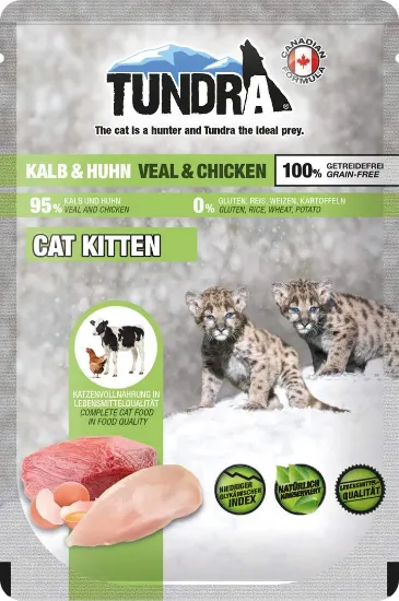 Снимка на Tundra Kitten Pure Veal and Chicken - Премиум пауч за подрастващи котки, без зърно, с чисто пилешко и телешко месо, 100 гр./4 броя