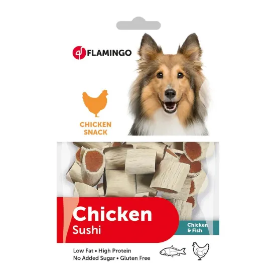 Снимка на Flamingo Chick Sushi - Вкусно лакомство за кучета, хапки суши с пилешко месо, 85 гр./2 пакета