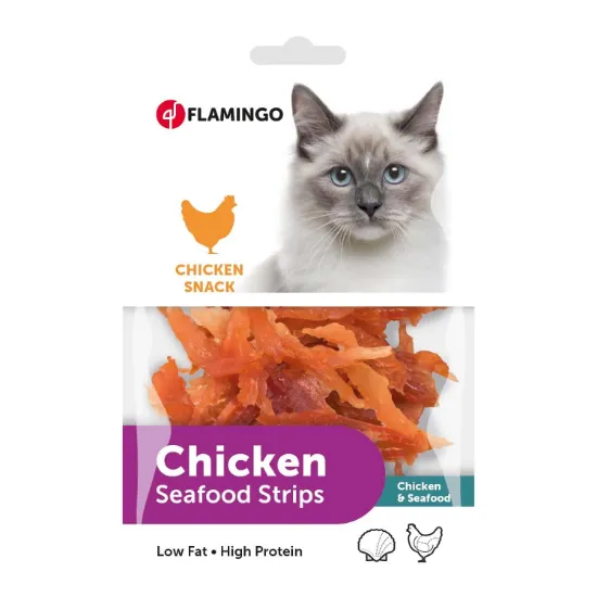 Снимка на Flamingo Chick`n Snack Soft Strips - Вкусно лакомство за котки, меки ленти с пилешко месо и морски дарове, 85 гр.