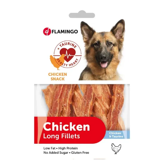 Снимка на Flamingo Chick'n Snack Healty Heart - Вкусно лакомство за кучета - дълги пилешки филета, 85 гр.