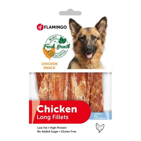 Снимка на Flamingo Chick'n Snack - Лакомство за кучета с пилешки филета и мента за свеж дъх, 85 гр.