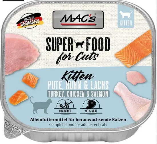 Снимка на Mac's Kitten - Премиум пастет за подрастващи котки, без зърно, с пилешко, пуешко и сьомга, 85 гр./5 броя