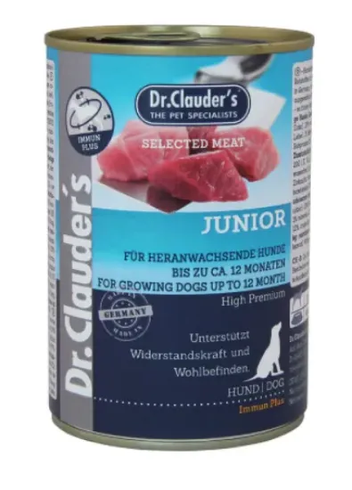 Снимка на Dr.Clauder's Selected Meat Junior - Премиум консервирана храна за подрастващи кучета от 1 до 12 месеца с говеждо, свинско и пилешко месо, 800 гр./2 пакета