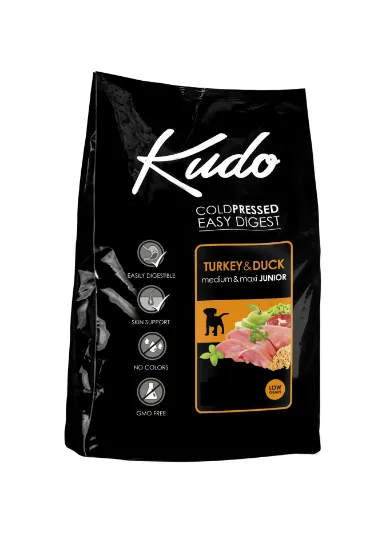 Снимка на Kudo Low Grain Turkey/Duck Medium&Maxi Junior - Балансирана суха храна за подрастващи кучета от средни и едри породи с пуешко и патешко месо, 3 кг.