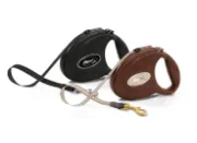 Снимка на Flexi Leather - Луксозен автоматичен повод за кучета до 25 кг, обшит с естествена козя кожа, 5 метра лента - кафяв 2