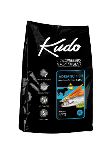 Снимка на Kudo Low Grain Adriatic Fish Meduim-Maxi Adult - Суха храна за израснали кучета от средни и едри породи с риба, 12 кг.
