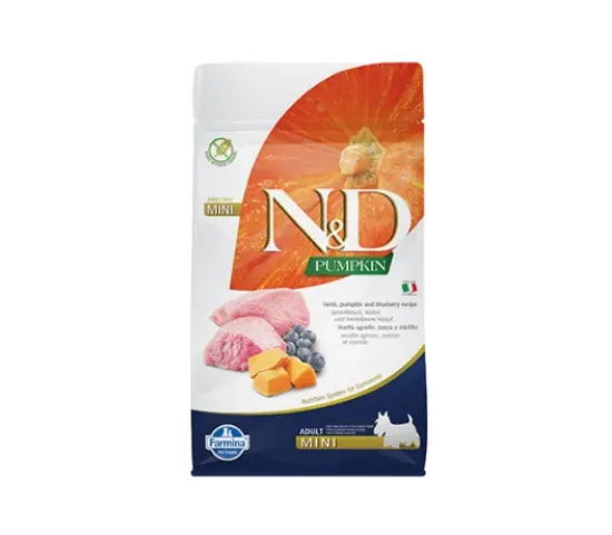 Снимка на N&D Pumpkin Mini Adult Lamb & Blueberry - Пълноценна храна за кучета от дребни породи в зряла възраст с агнешко, тиква и боровинки. без зърно, 800 гр.