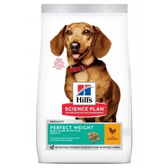 Снимка на Hill's Science Plan Adult Perfect Weight Small & Mini Dog + 1 кг. гратис - Пълноценна суха храна за израснали кучета от малки и дребни породи, за поддържане на здравословно тегло или ефективно отслабване, с пилешко месо, 5 кг. + 1кг. гратис