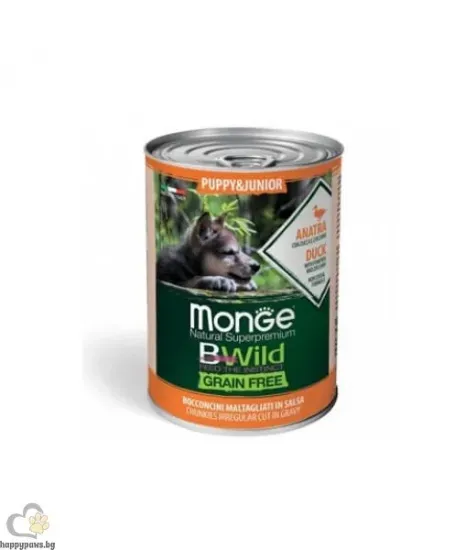 Снимка на Monge Dog Bwild Grain Free Mini Adult - Пълноценна и балансирана мокра храна за кучета в зряла възраст от мини породи, без зърно, с патешко месо, тиква и зеленчуци, 400 гр./ 3 броя
