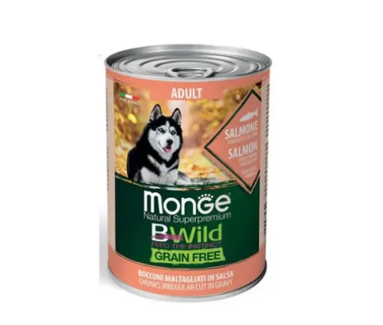 Снимка на Monge Dog Bwild Grain Free Salmon - Пълноценна и балансирана мокра храна за кучета в зряла възраст, без зърно, със сьомга, 400 гр./ 3 броя