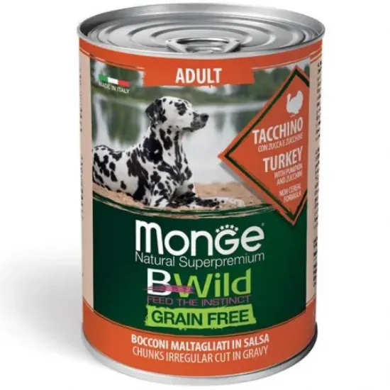 Снимка на Monge BWILD Grain Free – Turkey with Pumpkin and Zucchini – Adult - Пълноценна и балансирана мокра храна за кучета в зряла възраст, без зърно, с пуешко месо,тиква и тиквички, 400 гр./3 броя