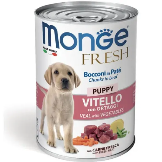 Снимка на Monge Fresh Dog Puppy - Пълноценна и балансирана мокра храна за подрастващи кученца с телешко месо и зеленчуци, 400 гр.