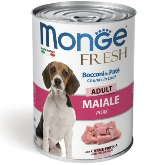 Снимка на Monge Fresh Dog Adult Chunks - Консервирана храна със свинско – хапки в пастет за кучета в зряла възраст, 400 гр./ 3 броя