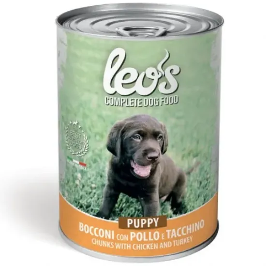 Снимка на Monge Leo’s Chunks with Chicken and Turkey Puppy - Пълноценна мокра храна за подрастващи кученца, хапки с пилешко и пуешко месо,415 гр./5 броя