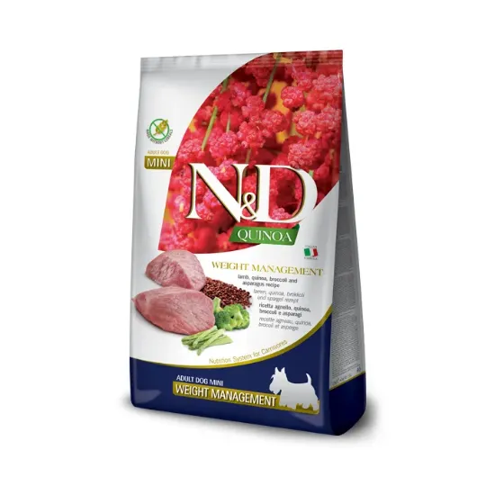Снимка на N&D Quinoa Dog Weight Management Lamb Adult Mini - Пълноценна суха храна за израснали кучета от малки и дребни породи, с наднормено или с тенденция за натрупване на тегло , с агнешко месо, 800 гр.